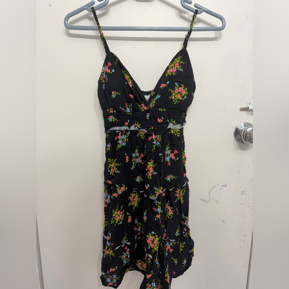 Black Floral Sundress with Pink & Green Bouquet Print